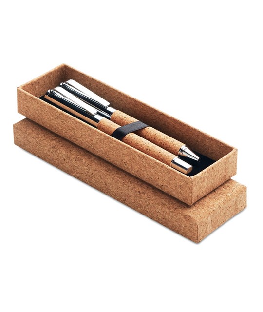 Kovinski komplet kemičnih svinčnikov v škatli iz plute - QUERCUS 