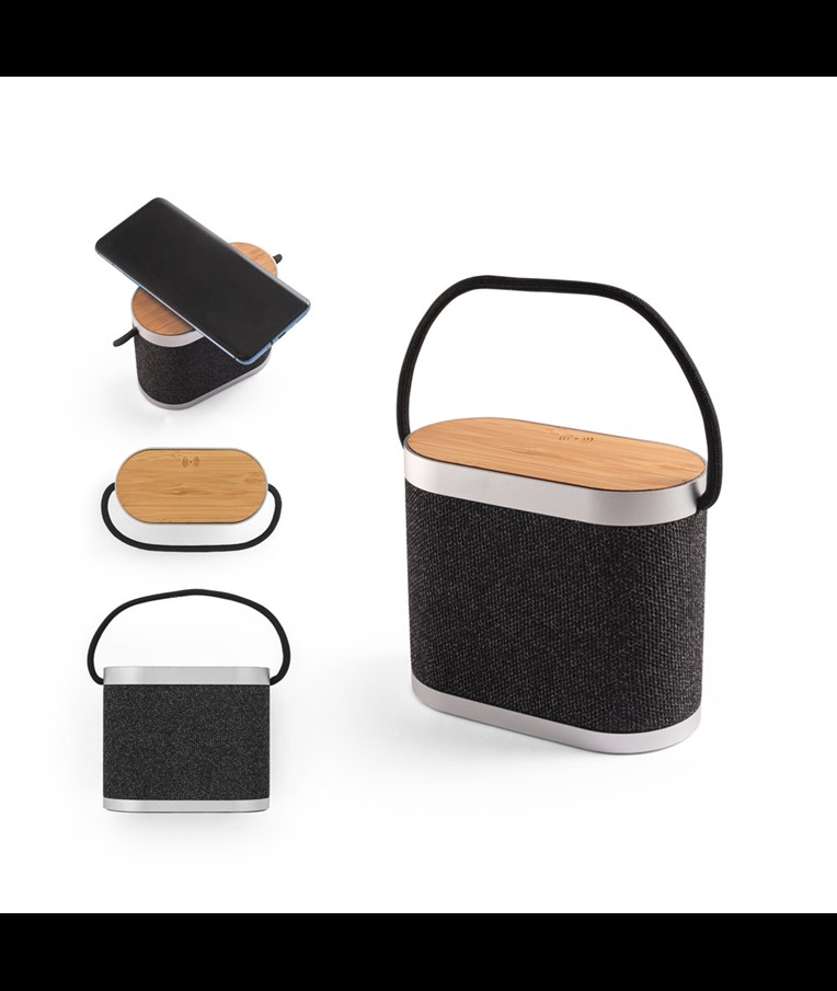 GUETTA. 5W portable speaker with super-fast 15W wireless charger and 2h battery life made of bamboo and recycled PET (100% rPET)