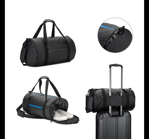 OSASCO SPORT. Cylindrical sports bag in high-density 600D recycled polyester with side compartment for shoes