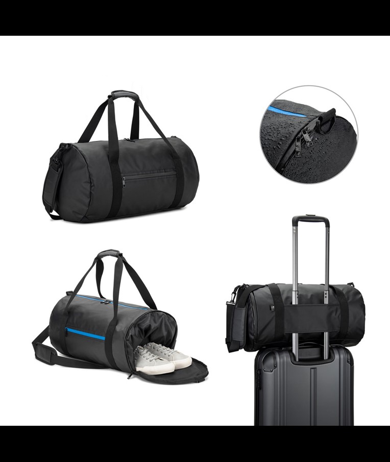 OSASCO SPORT. Cylindrical sports bag in high-density 600D recycled polyester with side compartment for shoes