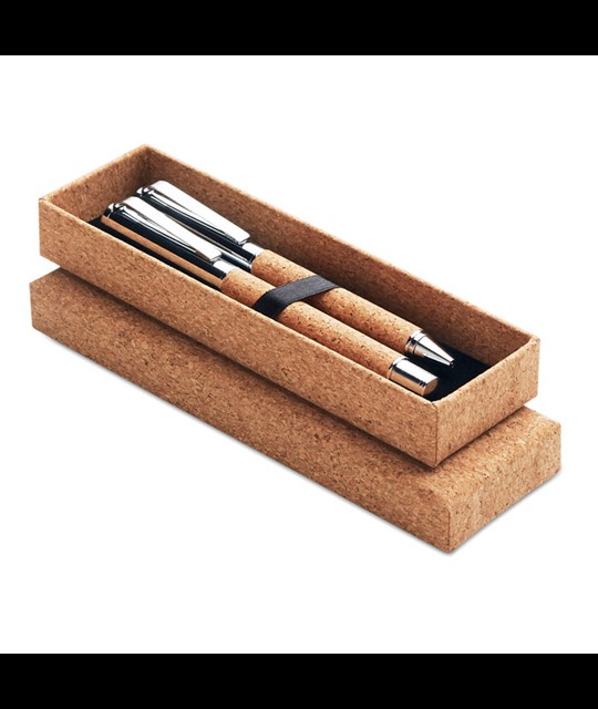 Kovinski komplet kemičnih svinčnikov v škatli iz plute - QUERCUS 