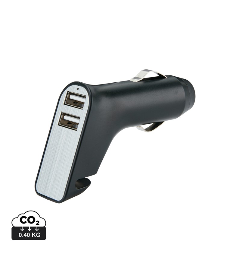Dual port car charger with belt cutter and hammer