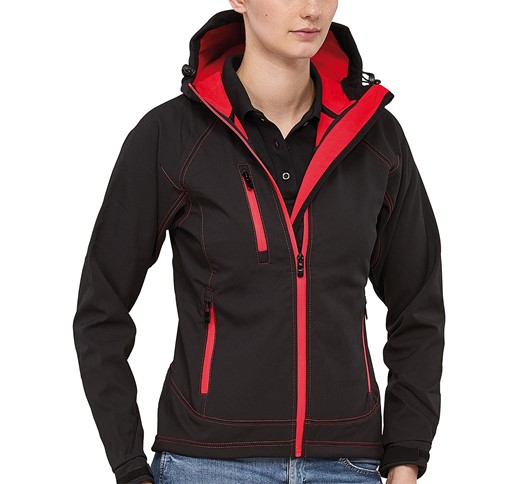 OUTLOOK - STRETCH SOFTSHELL TWO-TONE FEMALE JACKET WITH A DETACHABLE HOOD
