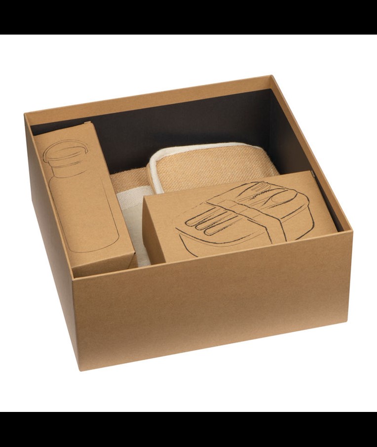 Gift set with drinking bottle, lunch box and jute 