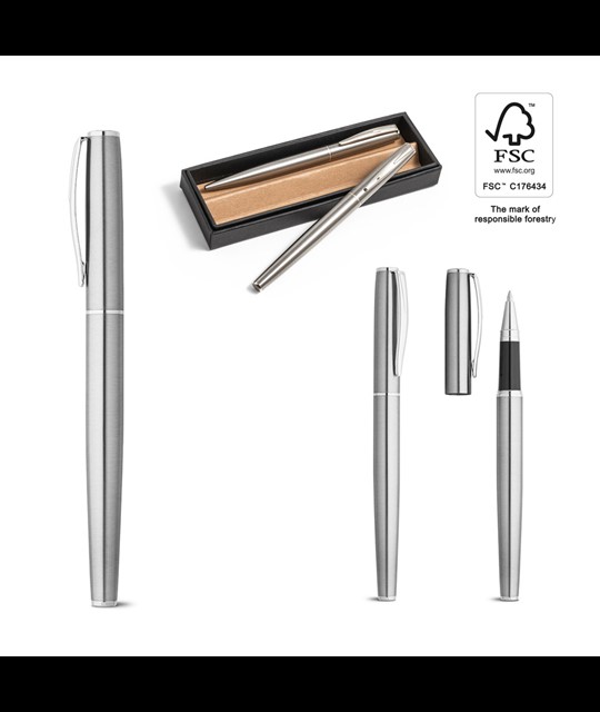 ELLA. Komplet rolerja in kemičnega svinčnika z ohišjem iz nerjavečega jekla (53 % rSS) s sponko.