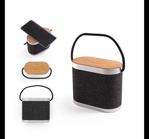 GUETTA. 5W portable speaker with super-fast 15W wireless charger and 2h battery life made of bamboo and recycled PET (100% rPET)