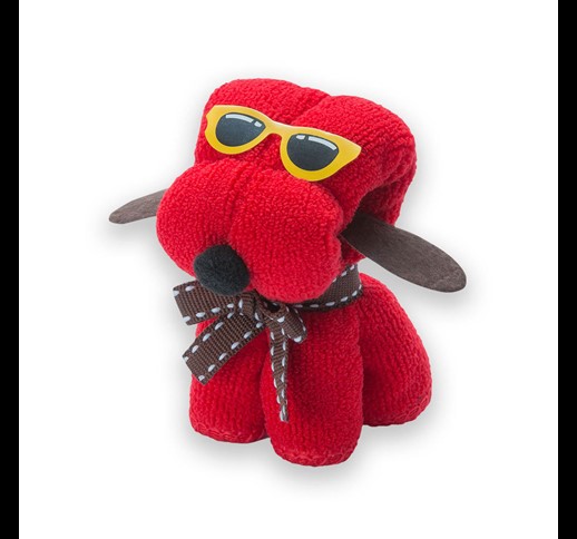 A cheerful dog-shaped towel made of absorbent and soft microfiber.