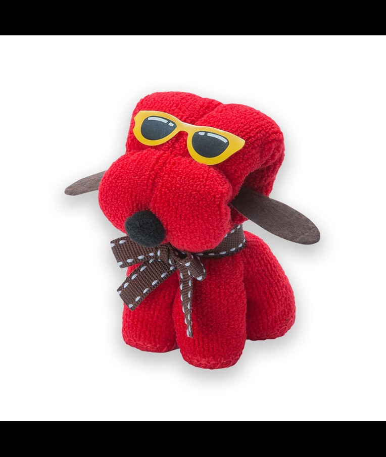 A cheerful dog-shaped towel made of absorbent and soft microfiber.